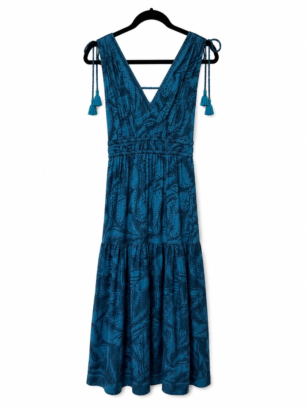OMIKA Teal Blue Printed Tassel Tiered Maxi Dress Size S